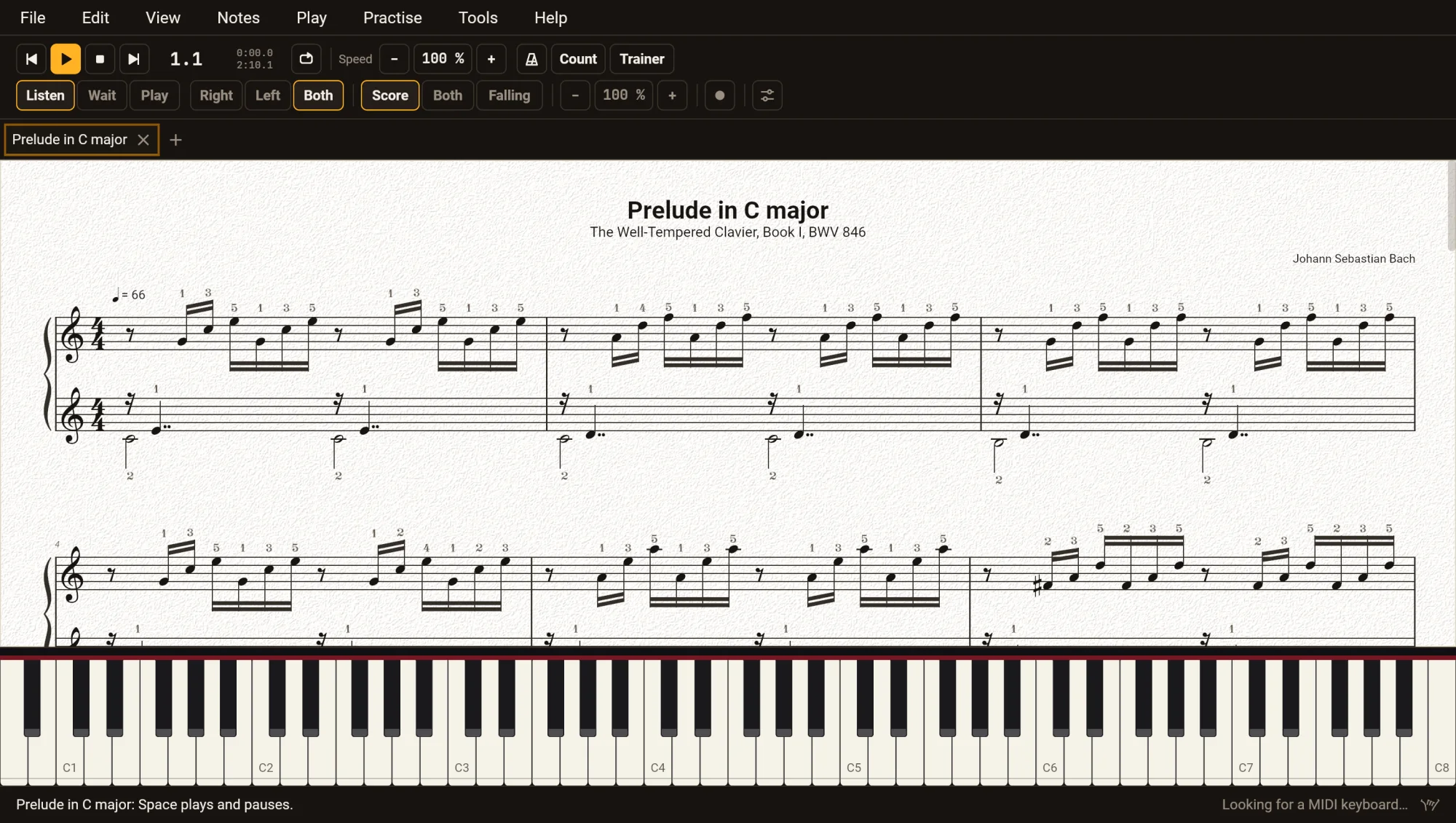 PianoLab in a browser in the dark theme with Bach's Prelude in C major open: the menus File to Help in the page, the toolbar, the score on its light page, the keyboard, and the status line looking for a MIDI keyboard.
