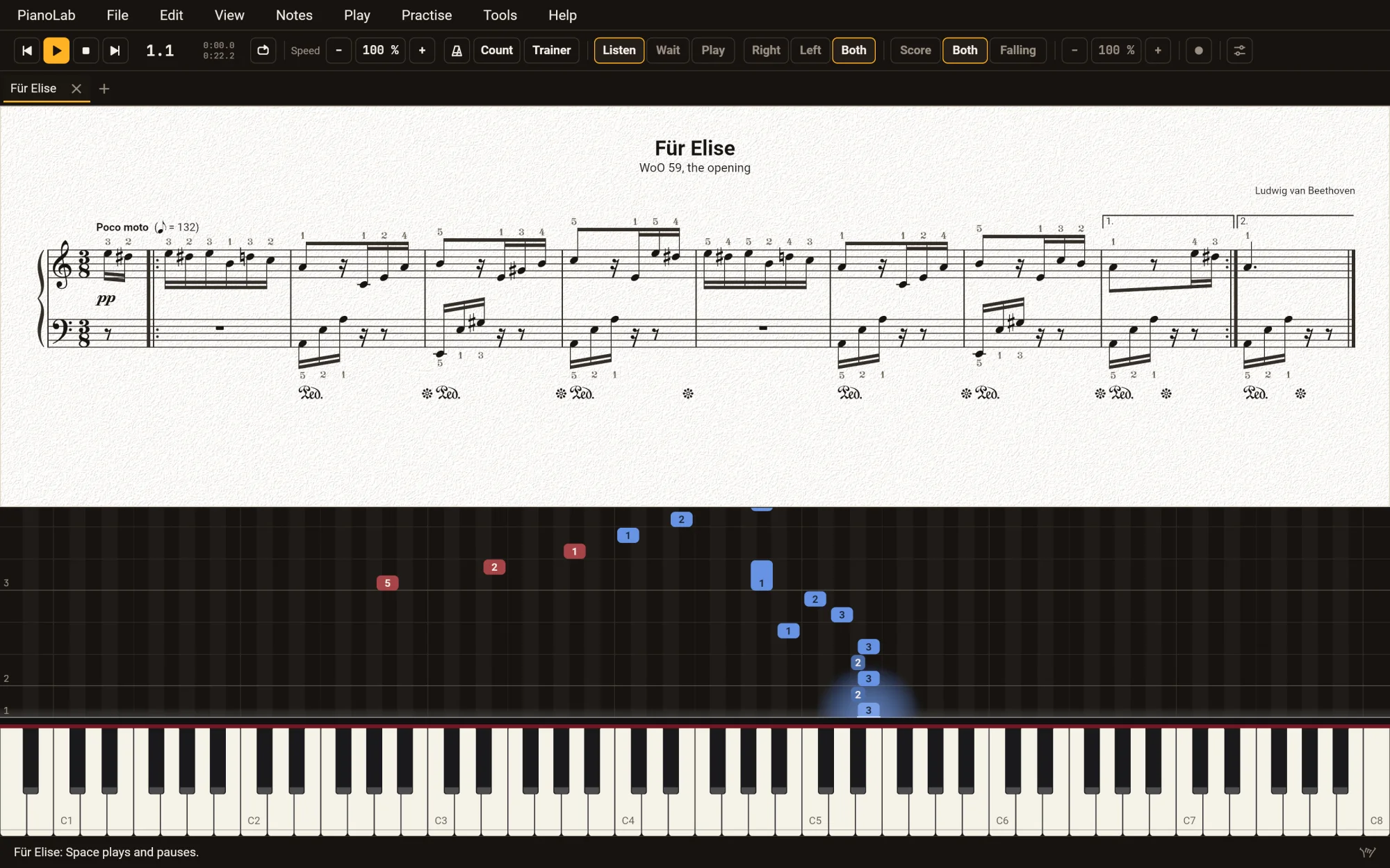PianoLab in the dark theme with Für Elise: the score on its light page above, pp and the pedal marks under the staves, and the opening's notes falling onto the keyboard below, red for the left hand and blue for the right.