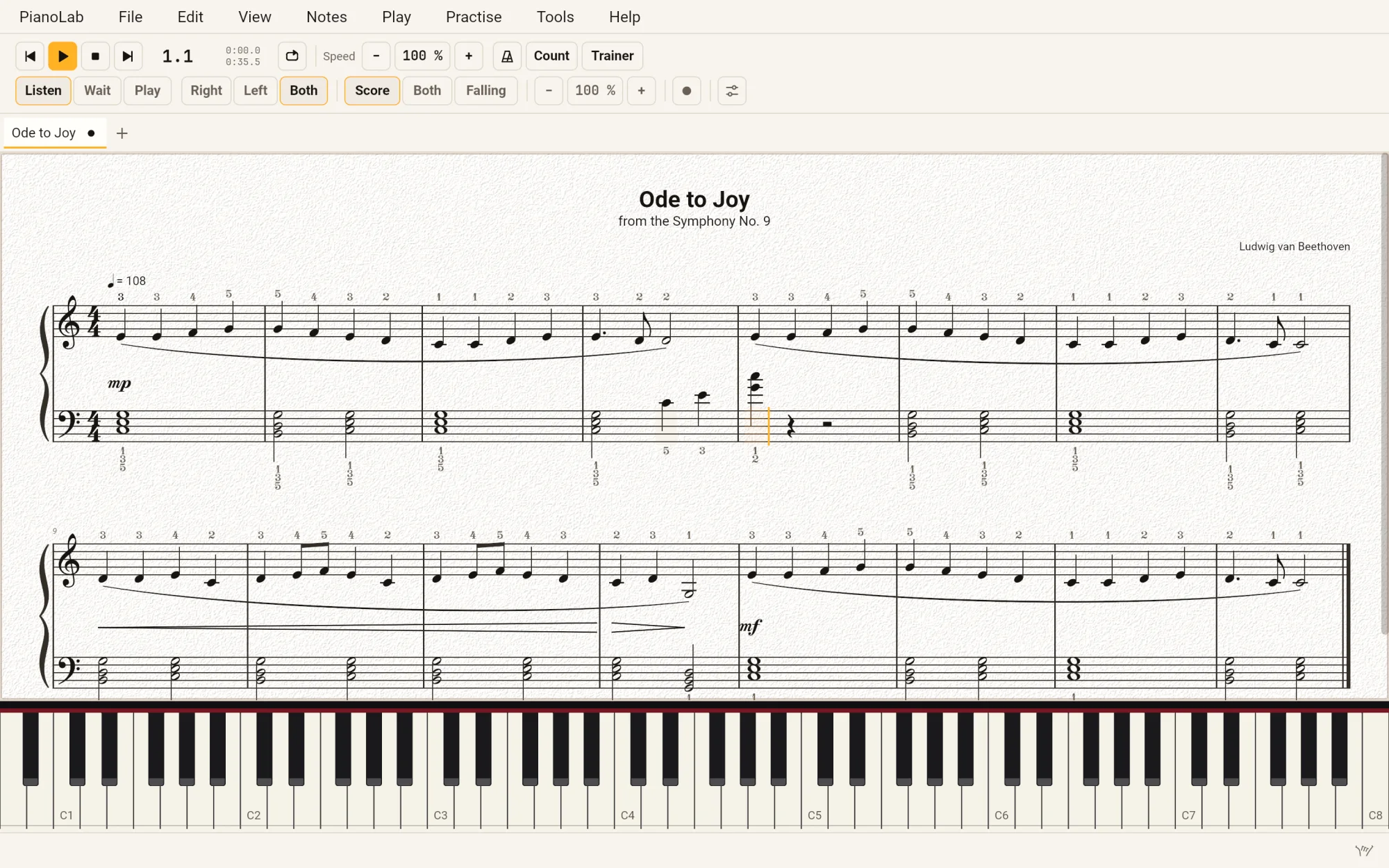PianoLab writing in Ode to Joy: the Score view, the caret in bar 5 just after a chord written there, the fingers of every note suggested over and under the staves.