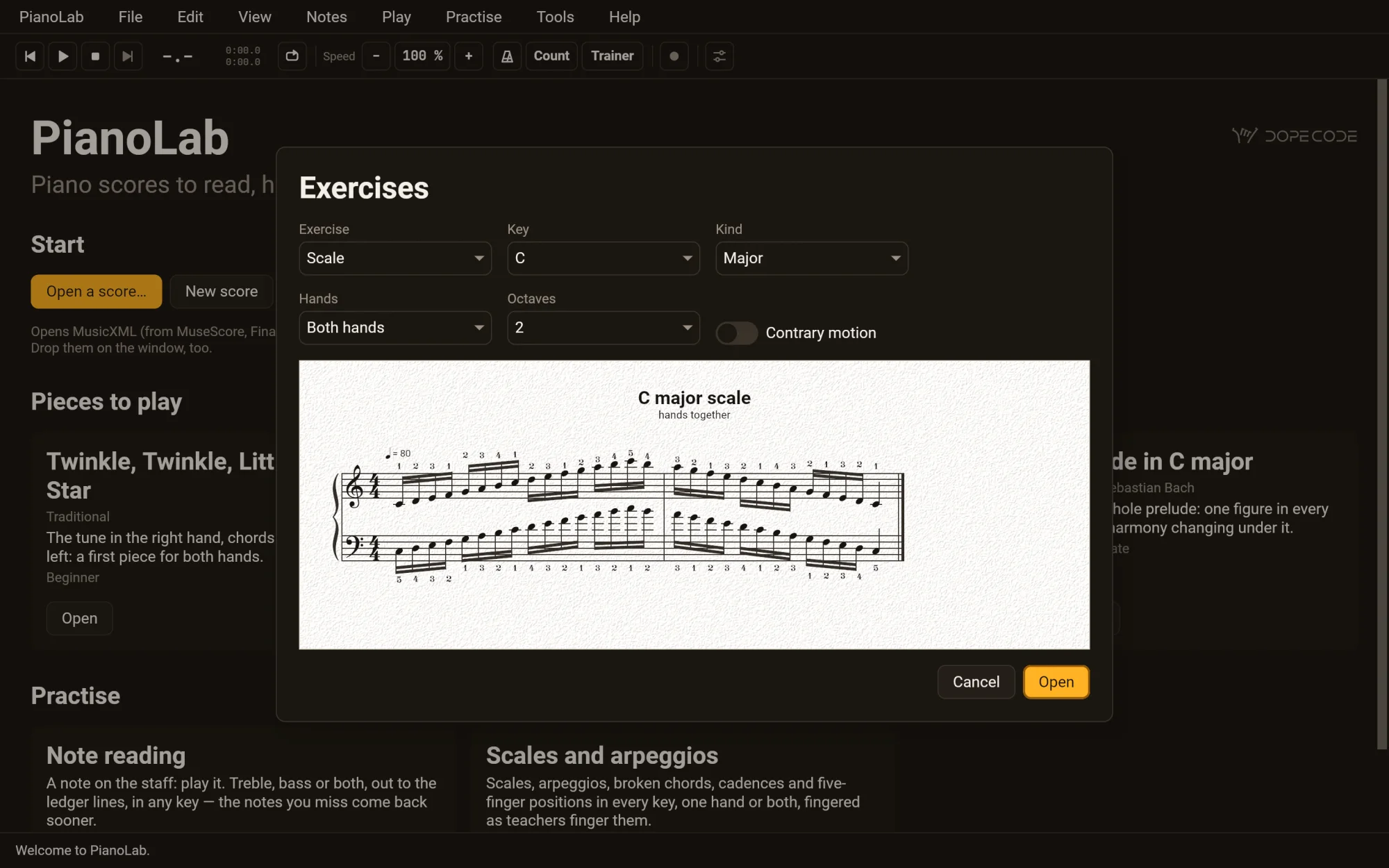 PianoLab in the dark theme with the Exercises sheet open: scale, C major, both hands, two octaves, and the C major scale hands together, fingered, on its light page.