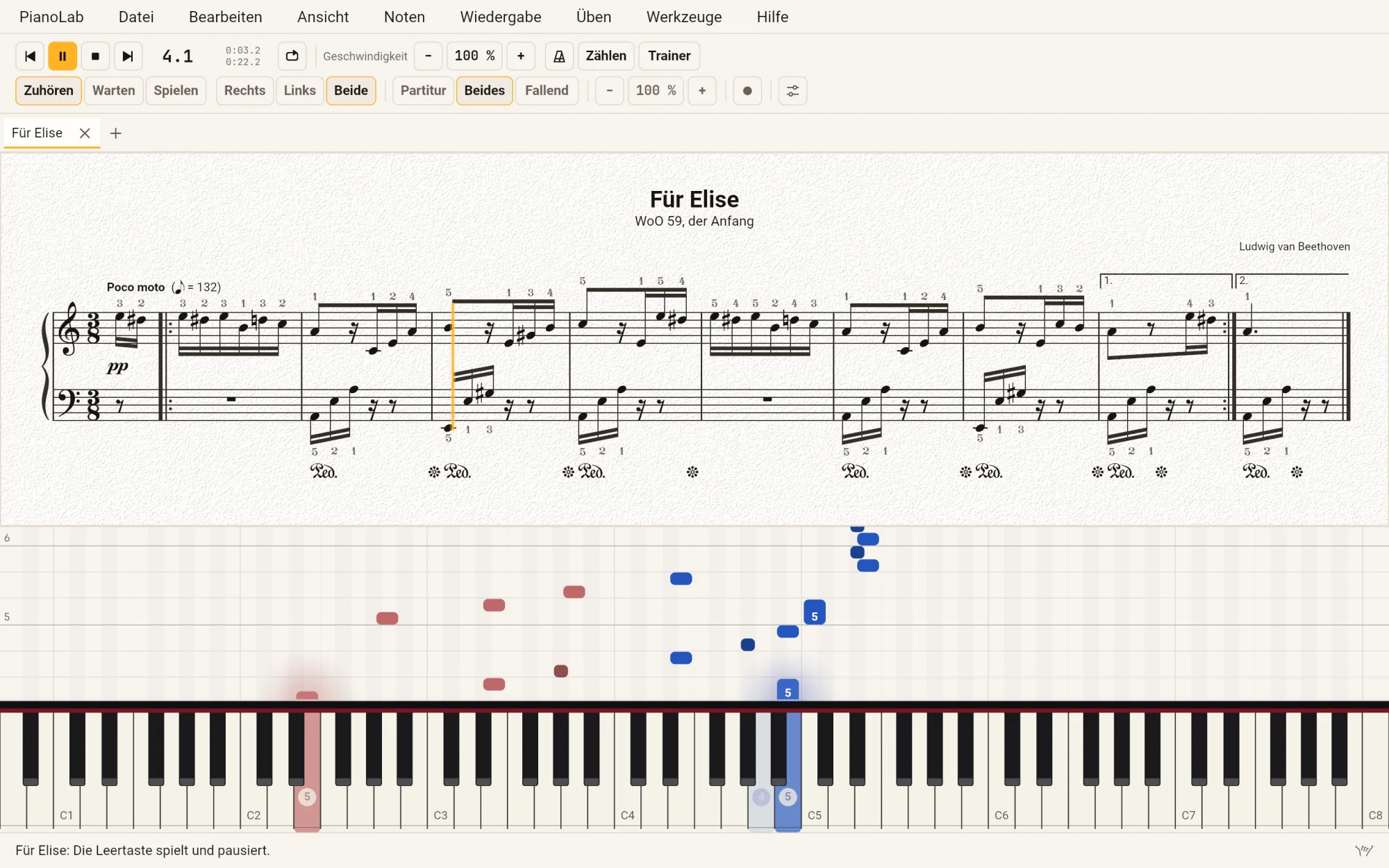 PianoLab in German with Für Elise playing: the menus Datei, Bearbeiten, Ansicht, Noten, Wiedergabe, Üben, Werkzeuge, Hilfe; Zuhören, Warten and Spielen on the toolbar; the score above and the notes falling onto the keys below.