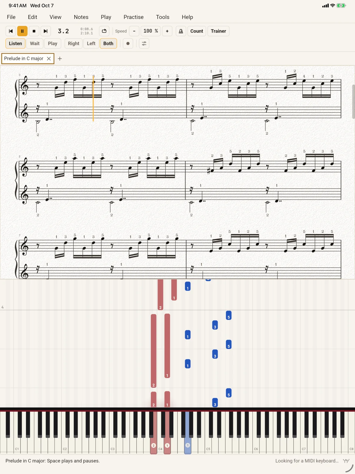 PianoLab on an iPad: the score above, the notes falling onto the full 88-key keyboard below.