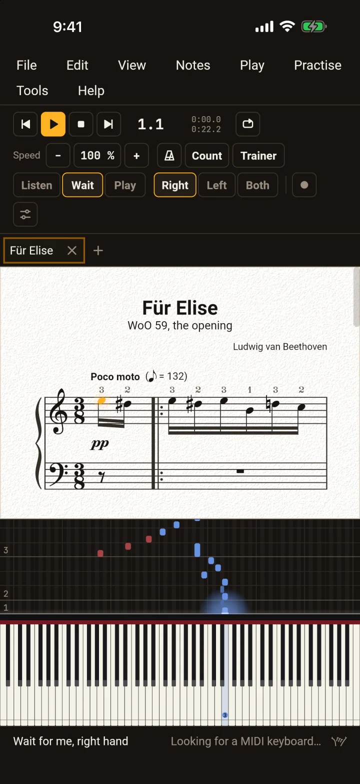 PianoLab on an iPhone in the dark theme, the score on its light page and the keyboard below.
