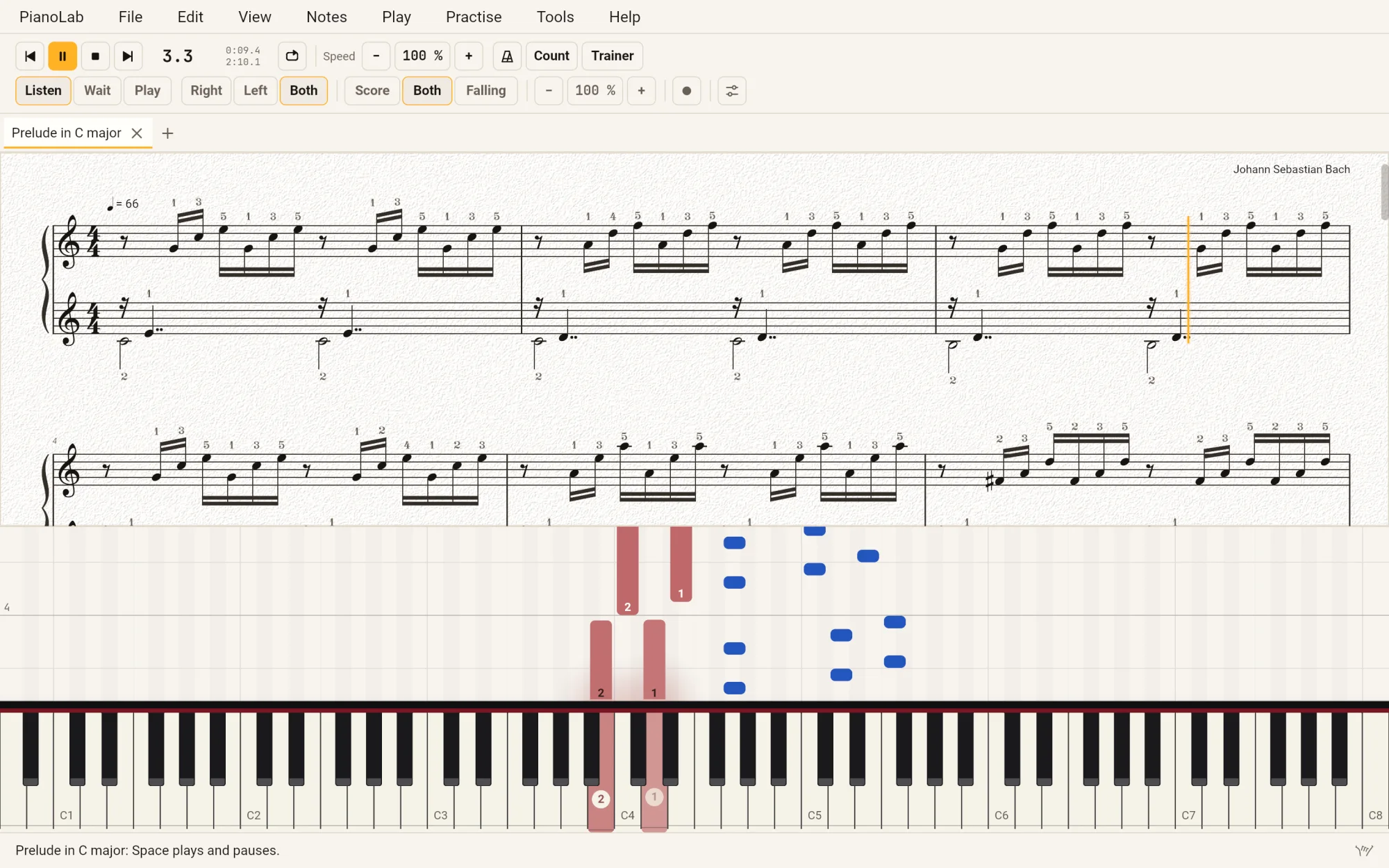 PianoLab playing Bach's Prelude in C major: the grand staff above with fingering over every note and the amber playback cursor in bar 3, the notes falling below it, red for the left hand and blue for the right, onto an 88-key keyboard where the two keys sounding are lit.
