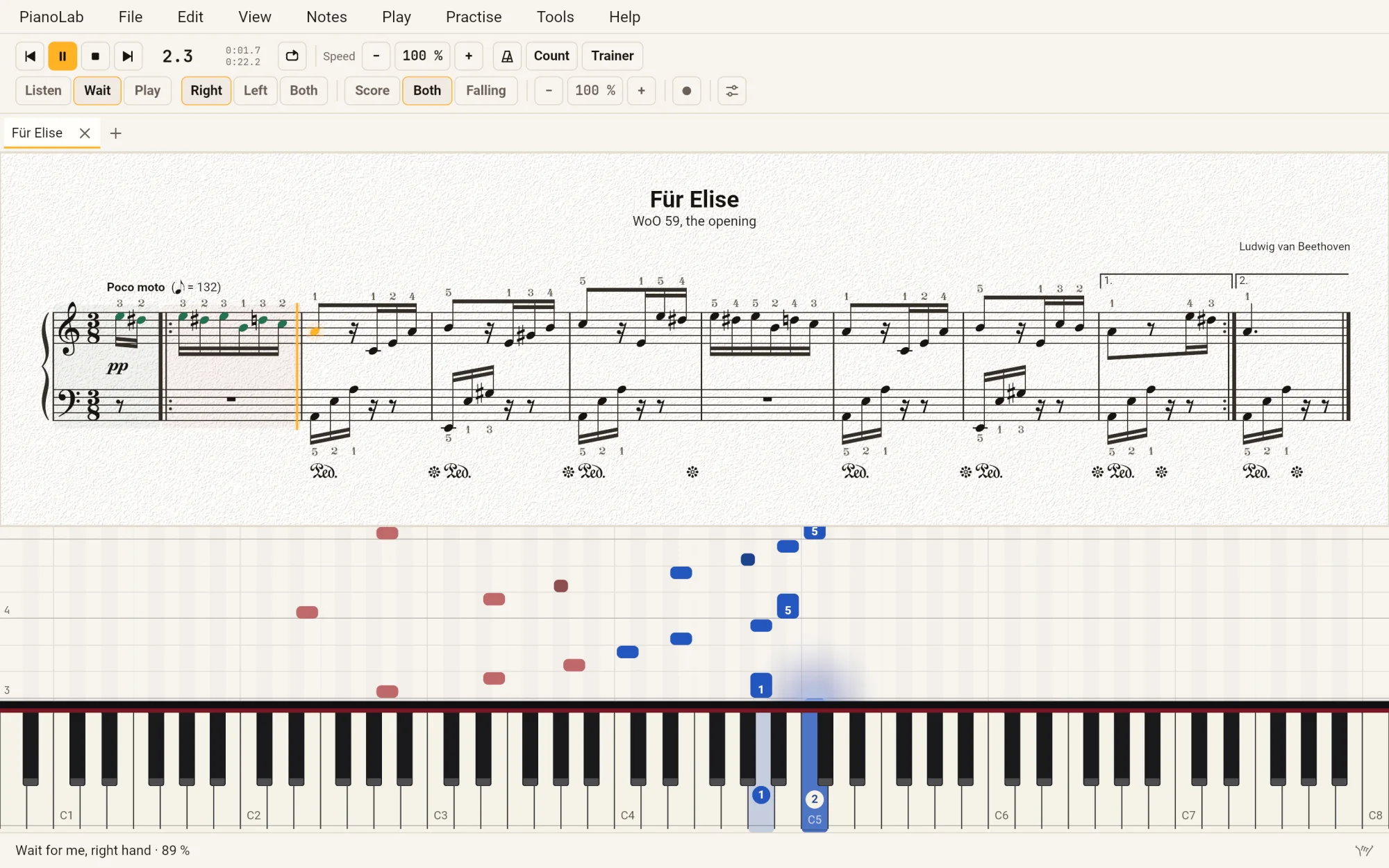 PianoLab with Für Elise, waiting for the right hand: the notes already played coloured green on the score, the next one lit on the keyboard with its finger, and the status line saying Wait for me, right hand, 89 %.