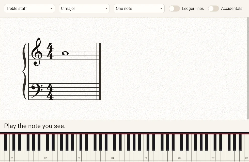 PianoLab's Note Reading: treble staff, C major, one note; a note on the grand staff, the words Play the note you see, and the keyboard to answer on.