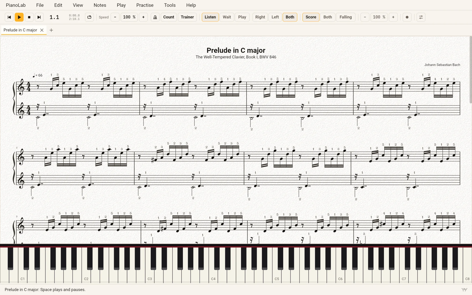 PianoLab's Score view with Bach's Prelude in C major: the title and The Well-Tempered Clavier, Book I, BWV 846 at the head of the page, three systems of the grand staff with a finger number over every note, and the keyboard below.